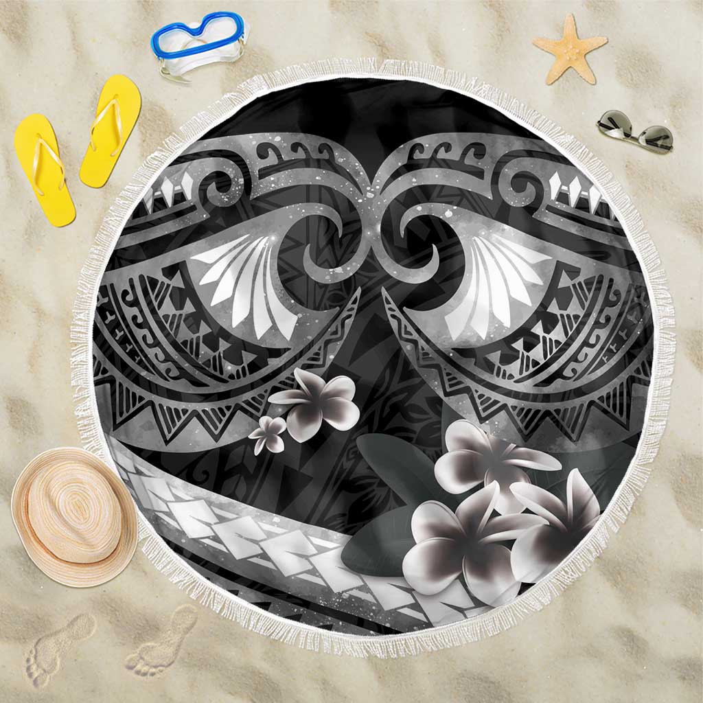 Black Polynesia Beach Blanket Tribal Pattern Tropical Frangipani