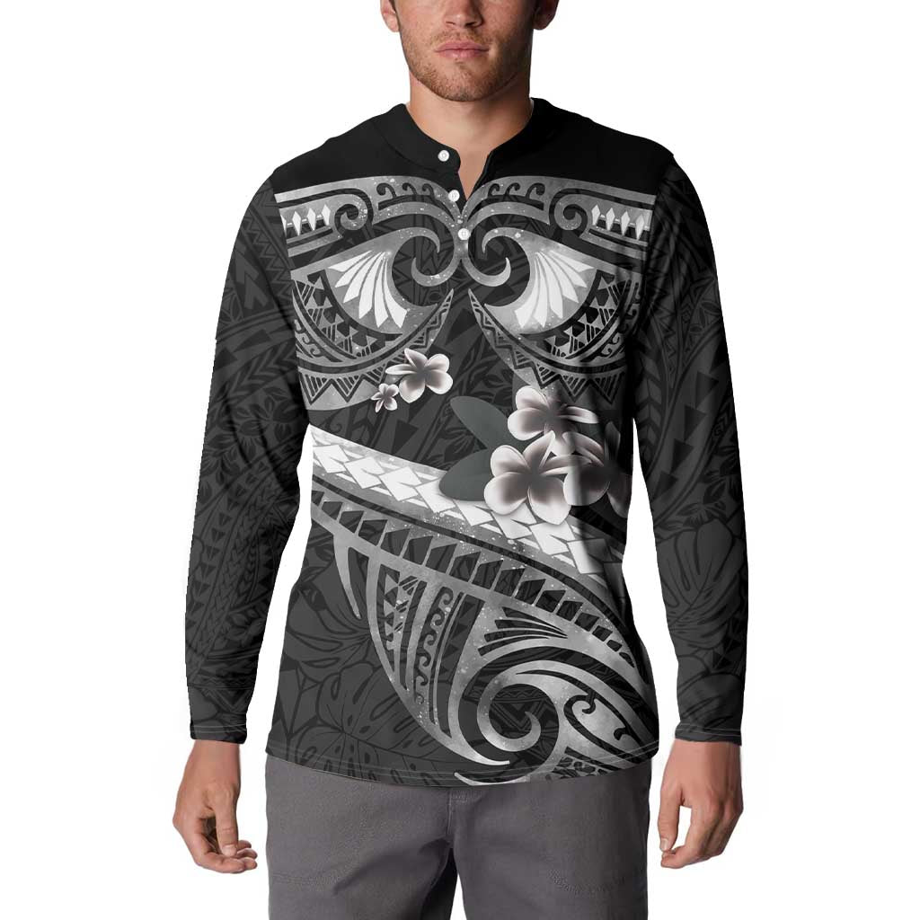 Black Polynesia Button Sweatshirt Tribal Pattern Tropical Frangipani LT14 - Polynesian Pride