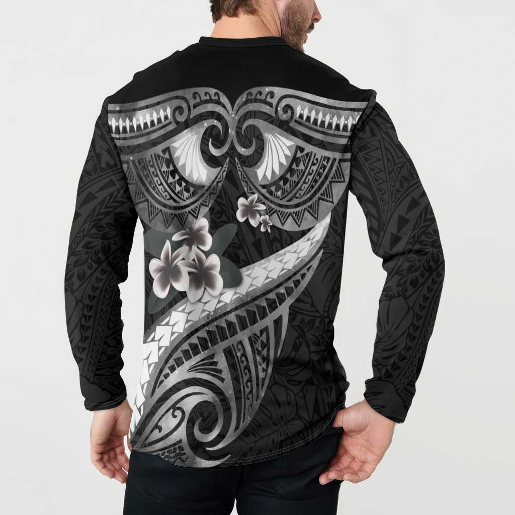 Black Polynesia Button Sweatshirt Tribal Pattern Tropical Frangipani LT14 - Polynesian Pride