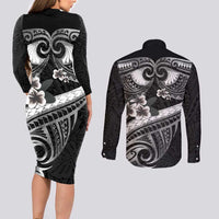 Black Polynesia Couples Matching Long Sleeve Bodycon Dress and Long Sleeve Button Shirt Tribal Pattern Tropical Frangipani