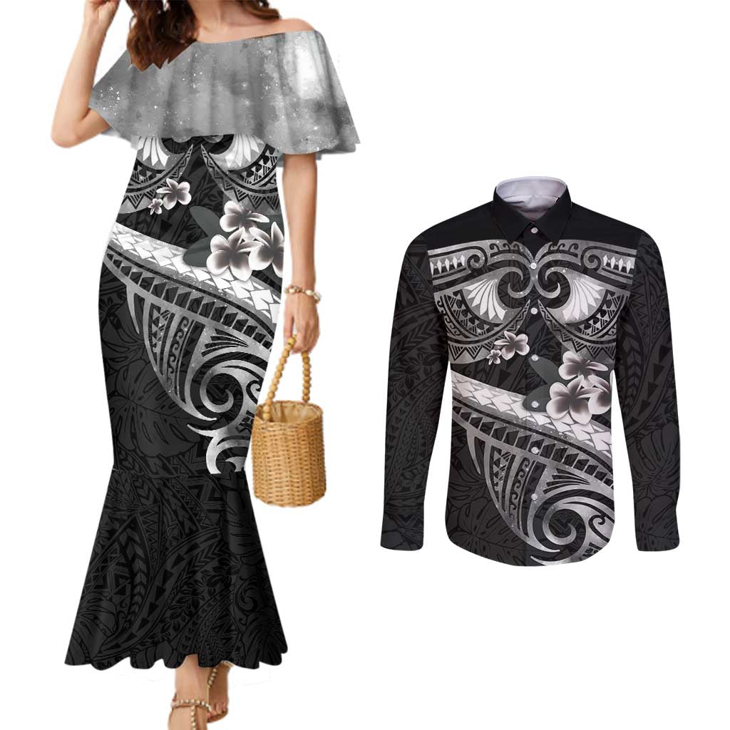 Black Polynesia Couples Matching Mermaid Dress and Long Sleeve Button Shirt Tribal Pattern Tropical Frangipani