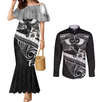 Black Polynesia Couples Matching Mermaid Dress and Long Sleeve Button Shirt Tribal Pattern Tropical Frangipani