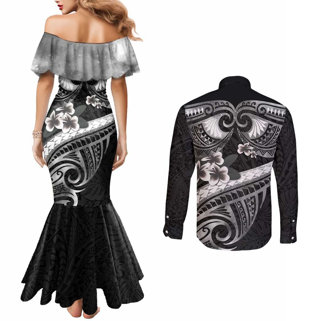 Black Polynesia Couples Matching Mermaid Dress and Long Sleeve Button Shirt Tribal Pattern Tropical Frangipani