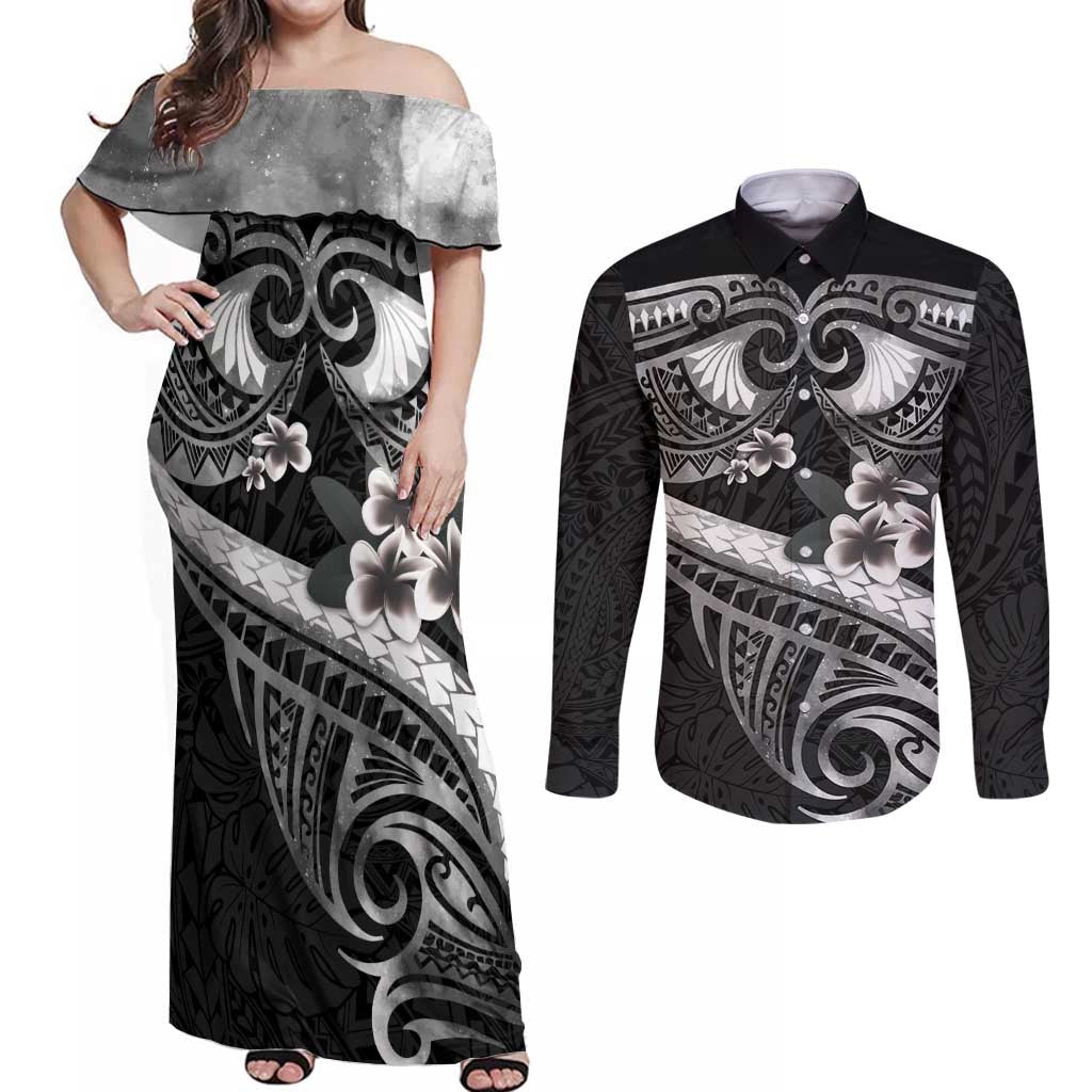 Black Polynesia Couples Matching Off Shoulder Maxi Dress and Long Sleeve Button Shirt Tribal Pattern Tropical Frangipani