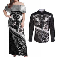 Black Polynesia Couples Matching Off Shoulder Maxi Dress and Long Sleeve Button Shirt Tribal Pattern Tropical Frangipani