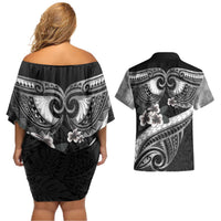 Black Polynesia Couples Matching Off Shoulder Short Dress and Hawaiian Shirt Tribal Pattern Tropical Frangipani