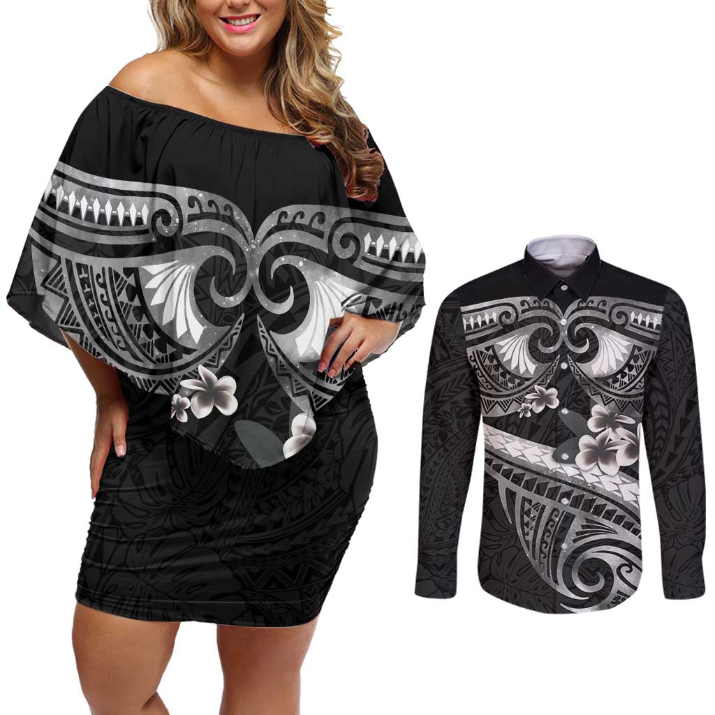Black Polynesia Couples Matching Off Shoulder Short Dress and Long Sleeve Button Shirt Tribal Pattern Tropical Frangipani