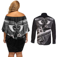 Black Polynesia Couples Matching Off Shoulder Short Dress and Long Sleeve Button Shirt Tribal Pattern Tropical Frangipani