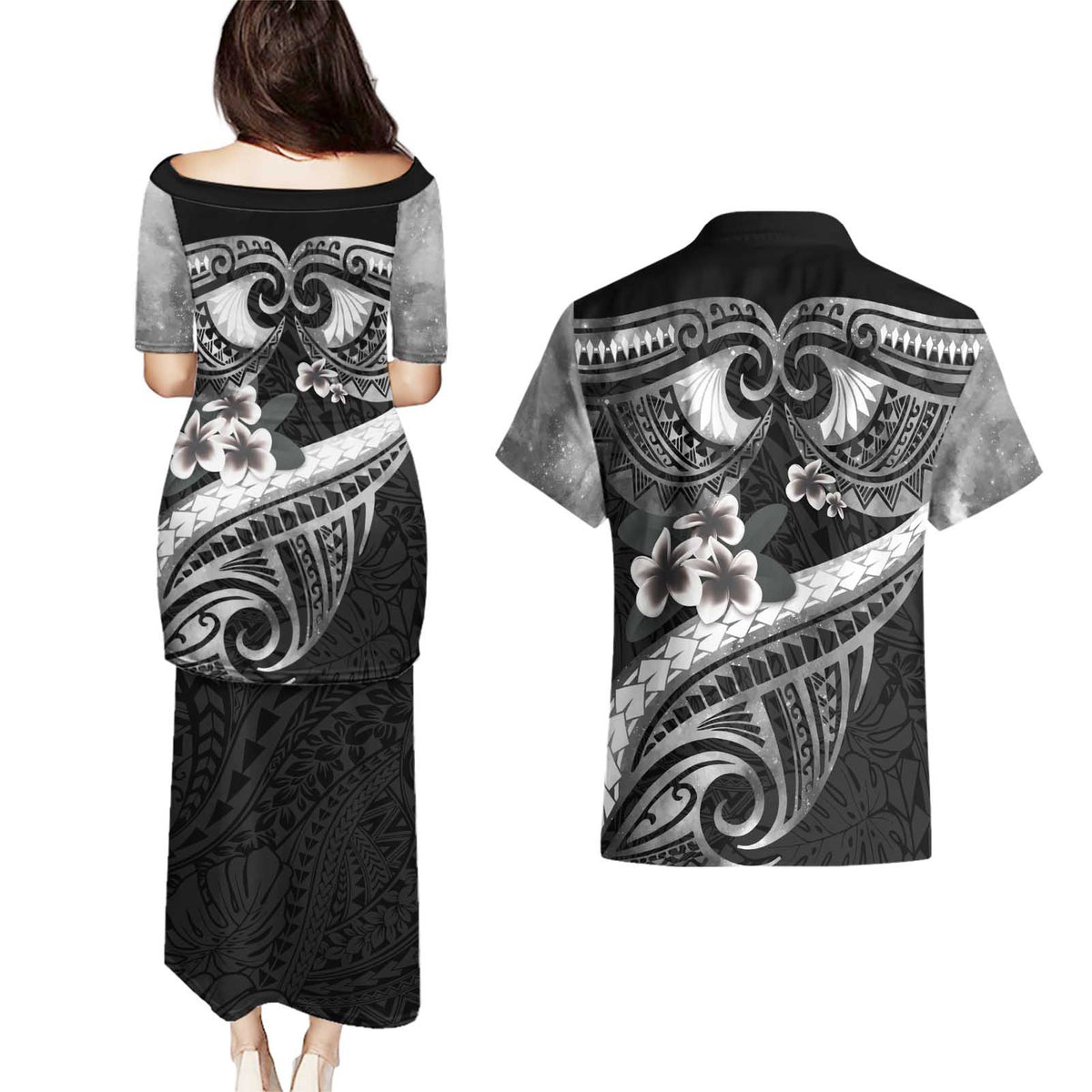 Black Polynesia Couples Matching Puletasi and Hawaiian Shirt Tribal Pattern Tropical Frangipani