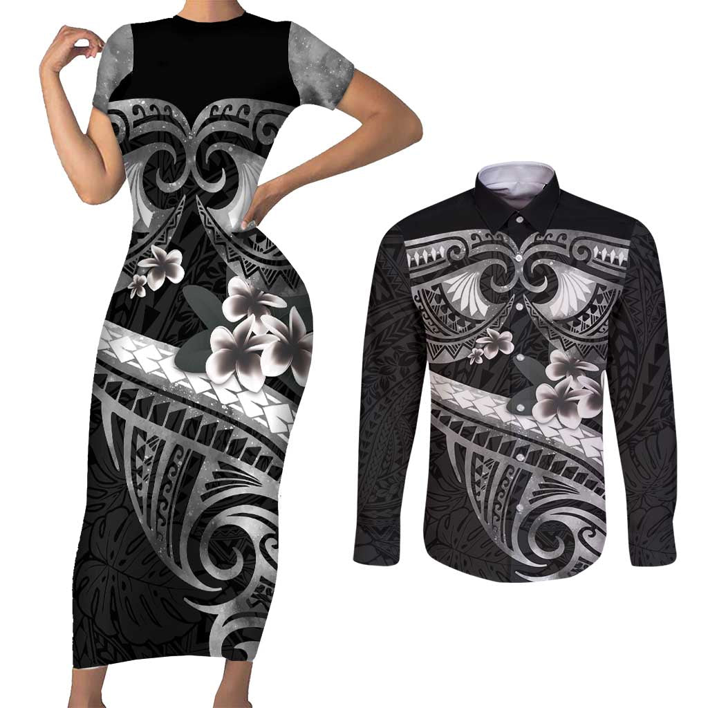 Black Polynesia Couples Matching Short Sleeve Bodycon Dress and Long Sleeve Button Shirt Tribal Pattern Tropical Frangipani