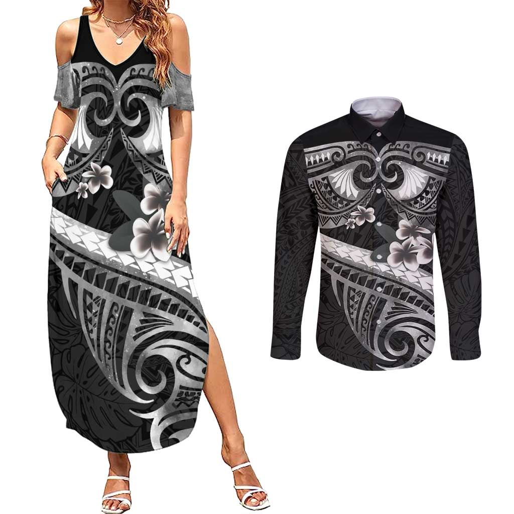 Black Polynesia Couples Matching Summer Maxi Dress and Long Sleeve Button Shirt Tribal Pattern Tropical Frangipani
