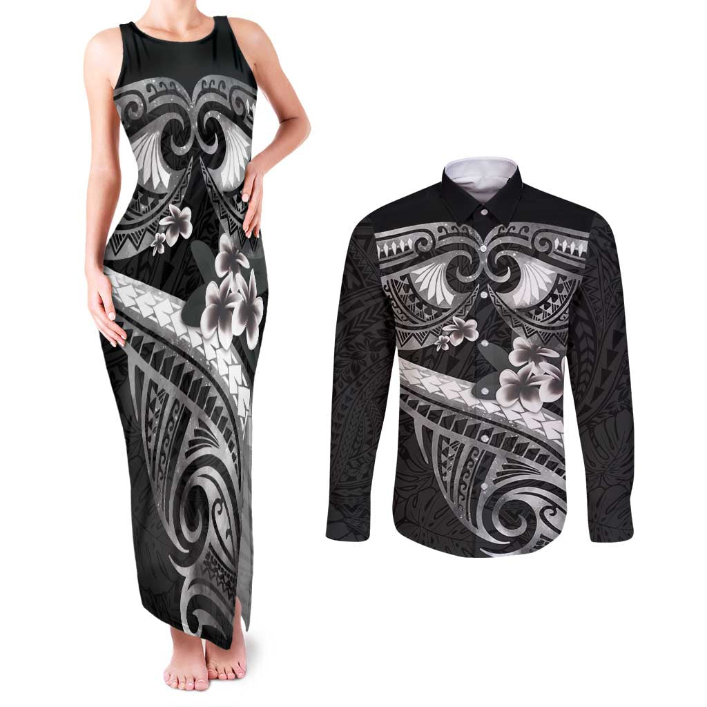 Black Polynesia Couples Matching Tank Maxi Dress and Long Sleeve Button Shirt Tribal Pattern Tropical Frangipani