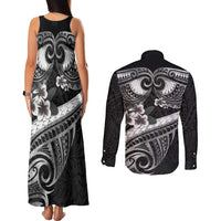 Black Polynesia Couples Matching Tank Maxi Dress and Long Sleeve Button Shirt Tribal Pattern Tropical Frangipani