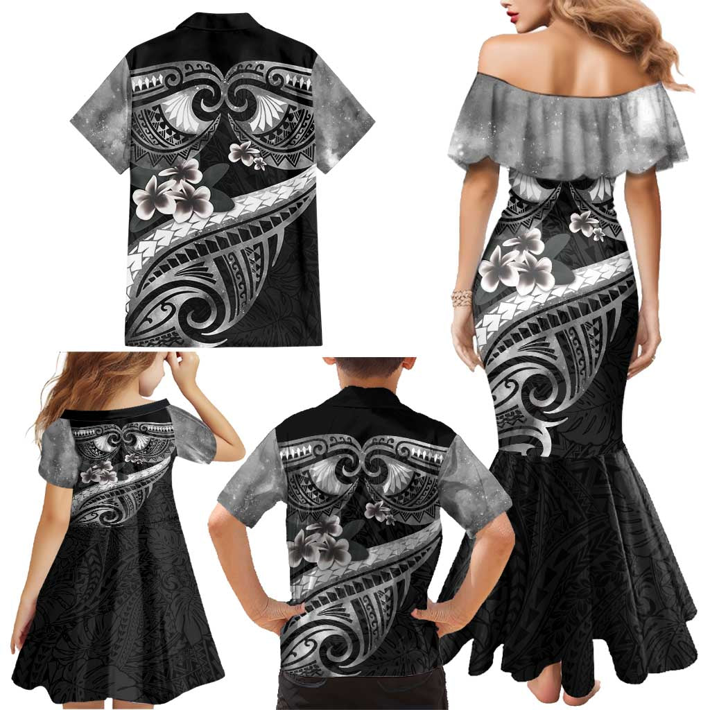 Black Polynesia Family Matching Mermaid Dress and Hawaiian Shirt Tribal Pattern Tropical Frangipani