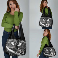 Black Polynesia Grocery Bag Tribal Pattern Tropical Frangipani