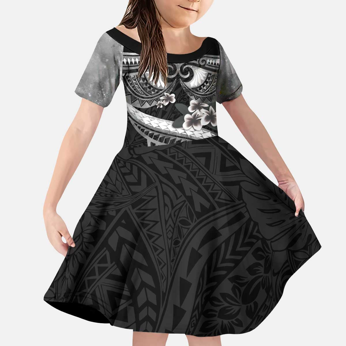 Black Polynesia Kid Short Sleeve Dress Tribal Pattern Tropical Frangipani LT14 KID Black - Polynesian Pride