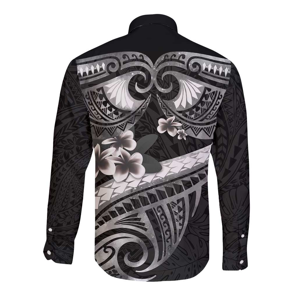 Black Polynesia Long Sleeve Button Shirt Tribal Pattern Tropical Frangipani