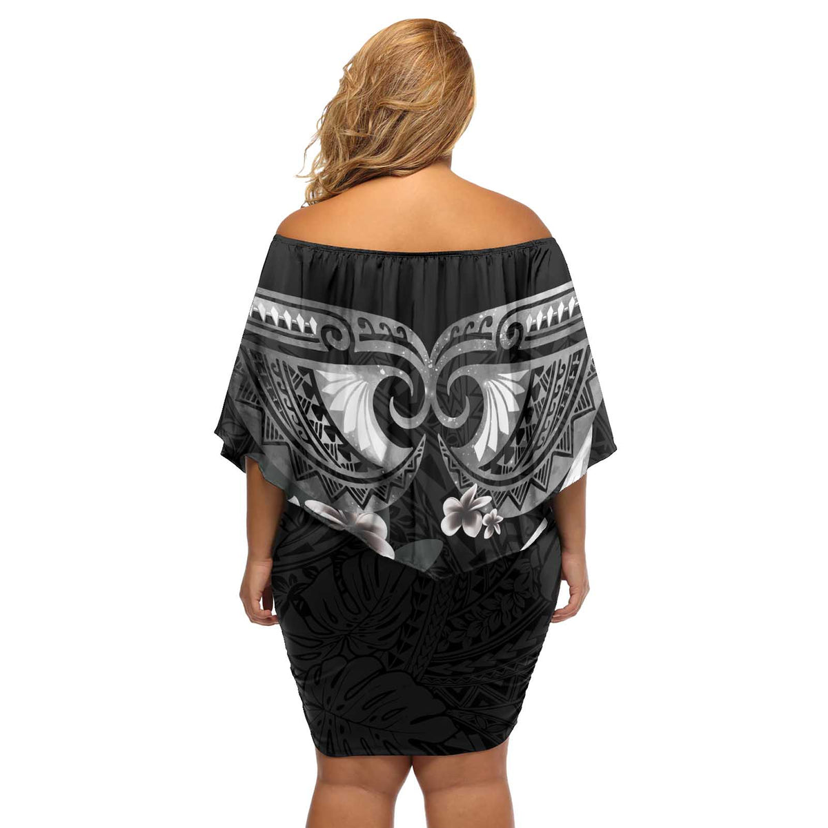 Black Polynesia Off Shoulder Short Dress Tribal Pattern Tropical Frangipani LT14 - Polynesian Pride