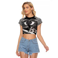 Black Polynesia Raglan Cropped T Shirt Tribal Pattern Tropical Frangipani