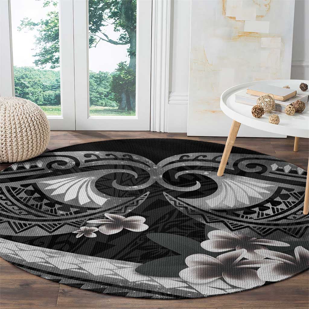 Black Polynesia Round Carpet Tribal Pattern Tropical Frangipani