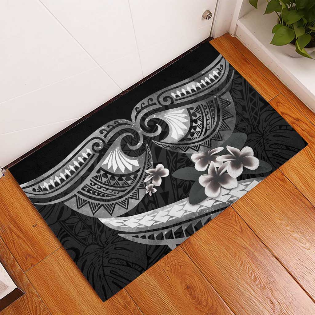 Black Polynesia Rubber Doormat Tribal Pattern Tropical Frangipani