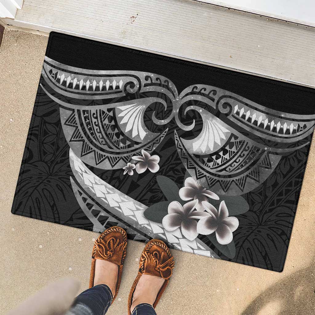 Black Polynesia Rubber Doormat Tribal Pattern Tropical Frangipani