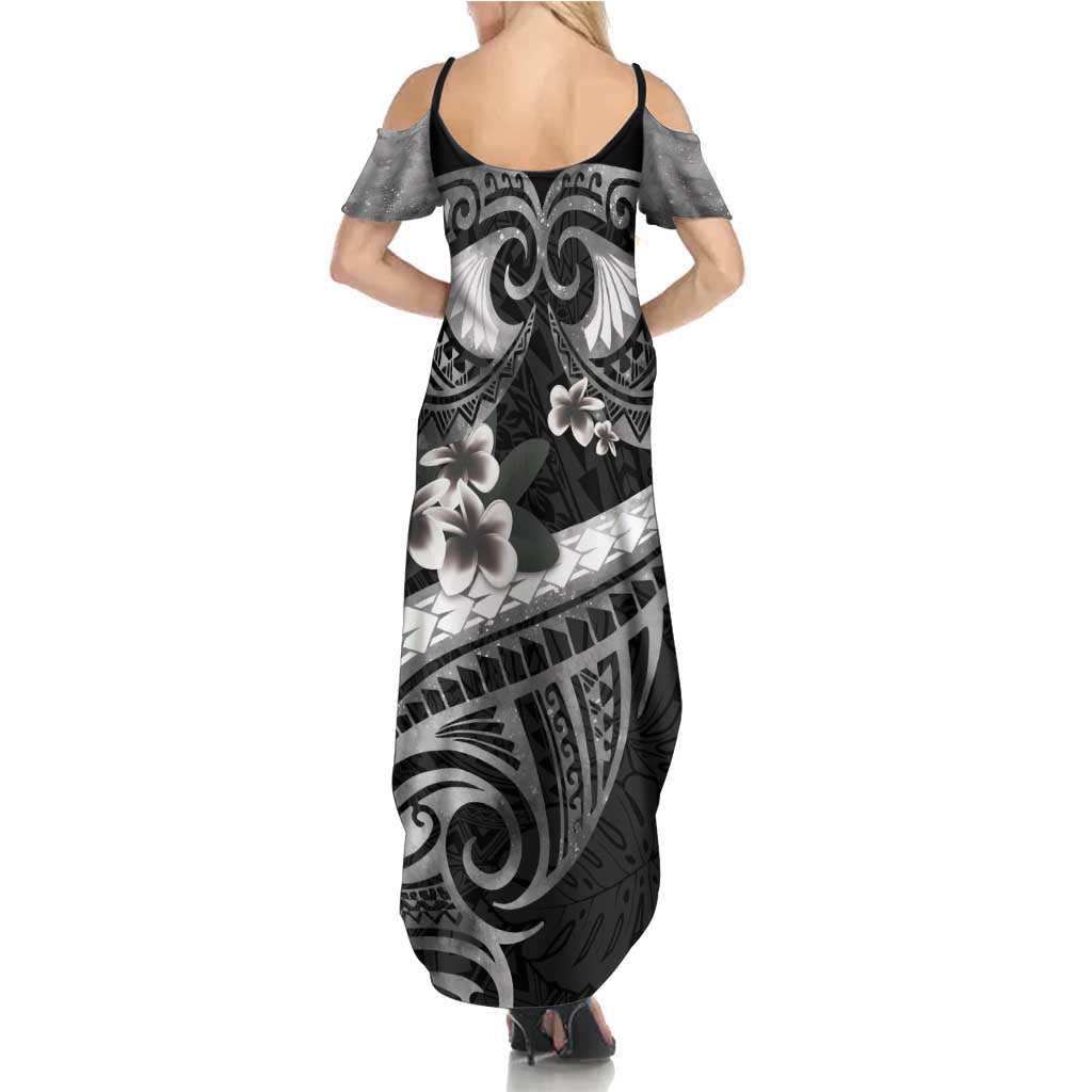 Black Polynesia Summer Maxi Dress Tribal Pattern Tropical Frangipani