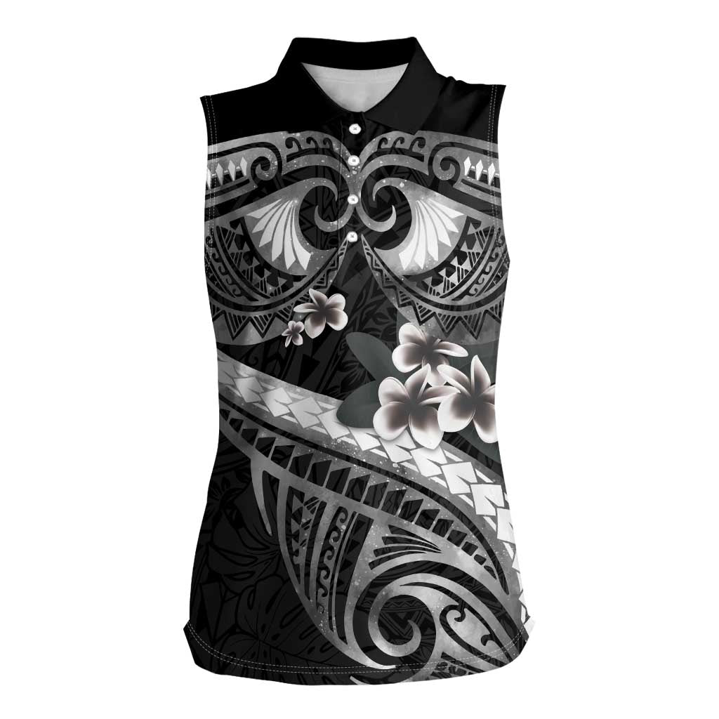 Black Polynesia Women Sleeveless Polo Shirt Tribal Pattern Tropical Frangipani LT14 Female Black - Polynesian Pride