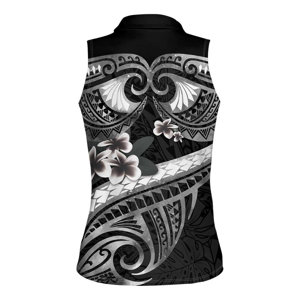 Black Polynesia Women Sleeveless Polo Shirt Tribal Pattern Tropical Frangipani LT14 - Polynesian Pride