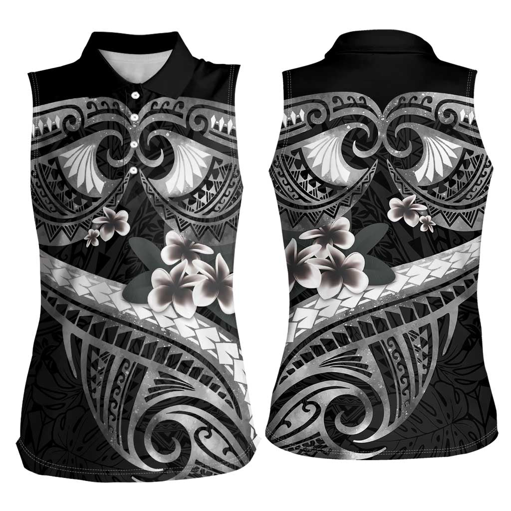 Black Polynesia Women Sleeveless Polo Shirt Tribal Pattern Tropical Frangipani LT14 - Polynesian Pride