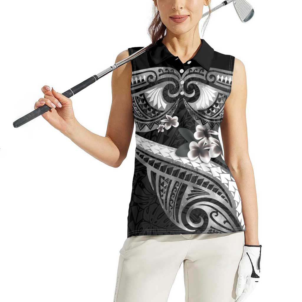 Black Polynesia Women Sleeveless Polo Shirt Tribal Pattern Tropical Frangipani LT14 - Polynesian Pride