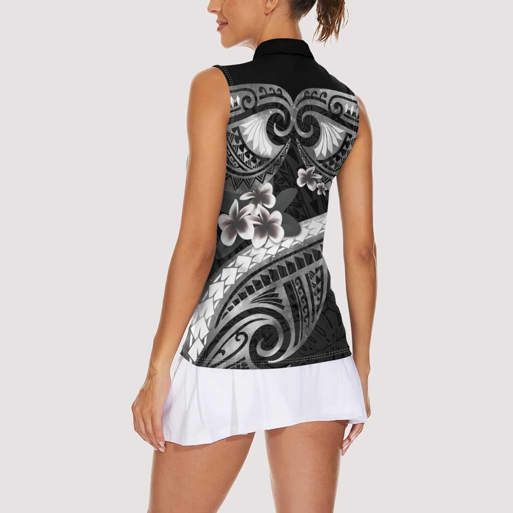 Black Polynesia Women Sleeveless Polo Shirt Tribal Pattern Tropical Frangipani LT14 - Polynesian Pride