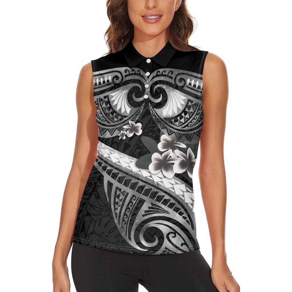Black Polynesia Women Sleeveless Polo Shirt Tribal Pattern Tropical Frangipani LT14 - Polynesian Pride