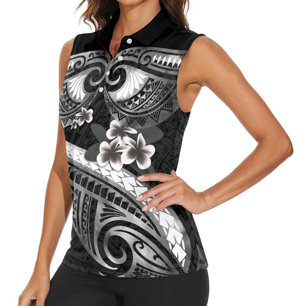 Black Polynesia Women Sleeveless Polo Shirt Tribal Pattern Tropical Frangipani LT14 - Polynesian Pride