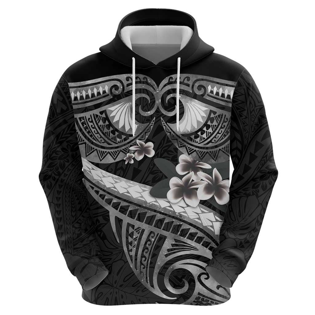 Black Polynesia Zip Hoodie Tribal Pattern Tropical Frangipani