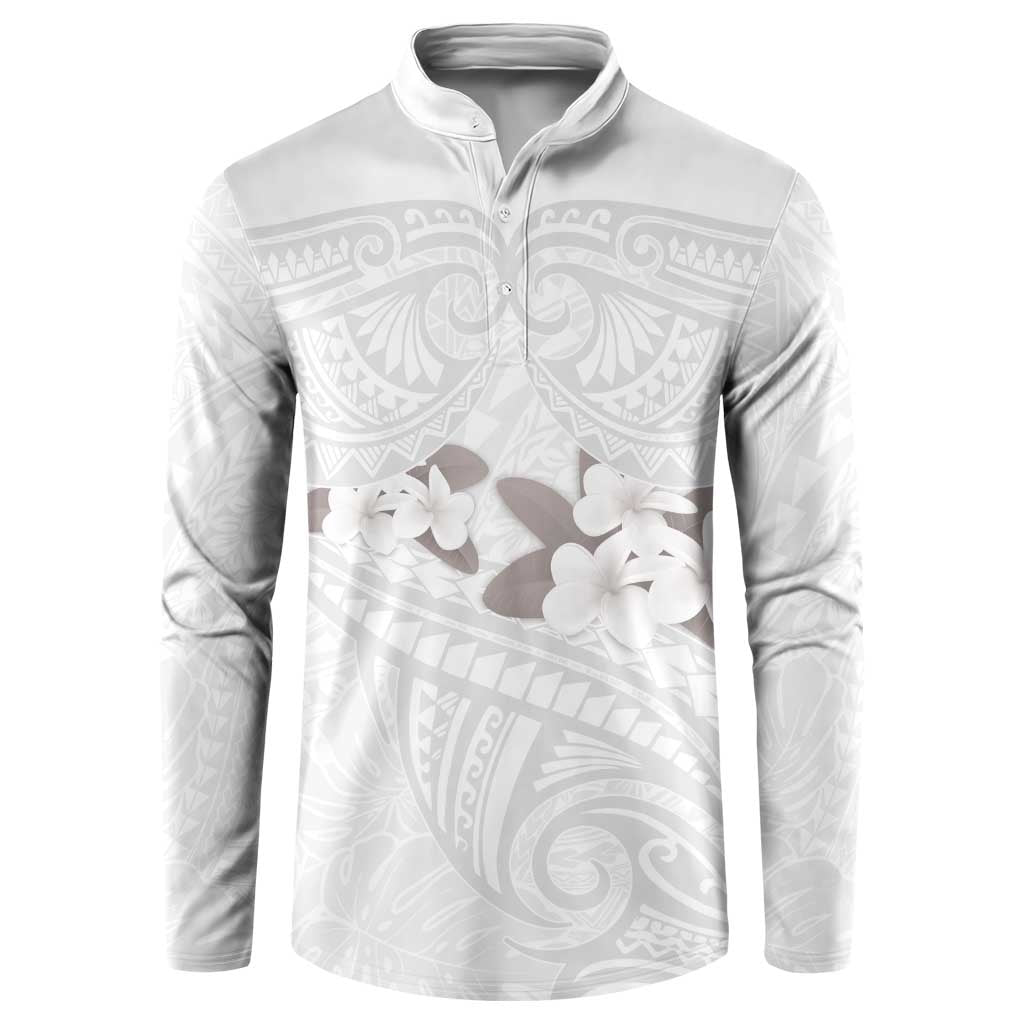 White Polynesia Button Sweatshirt Tribal Pattern Tropical Frangipani