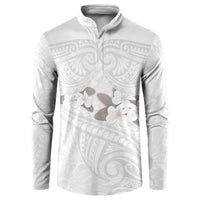 White Polynesia Button Sweatshirt Tribal Pattern Tropical Frangipani