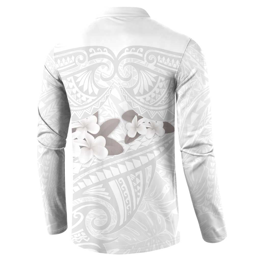 White Polynesia Button Sweatshirt Tribal Pattern Tropical Frangipani