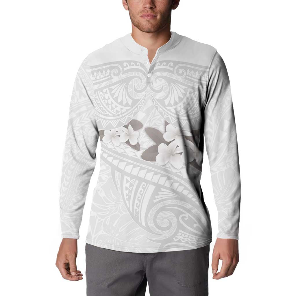 White Polynesia Button Sweatshirt Tribal Pattern Tropical Frangipani