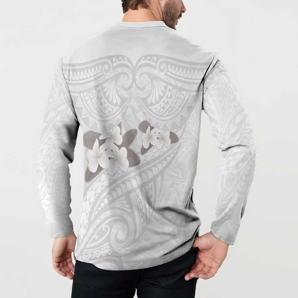 White Polynesia Button Sweatshirt Tribal Pattern Tropical Frangipani