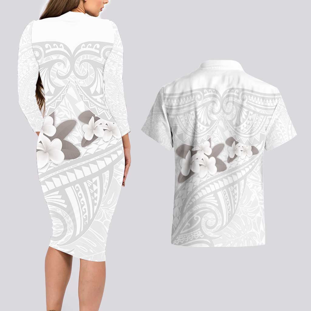 White Polynesia Couples Matching Long Sleeve Bodycon Dress and Hawaiian Shirt Tribal Pattern Tropical Frangipani