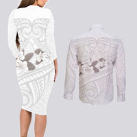 White Polynesia Couples Matching Long Sleeve Bodycon Dress and Long Sleeve Button Shirt Tribal Pattern Tropical Frangipani