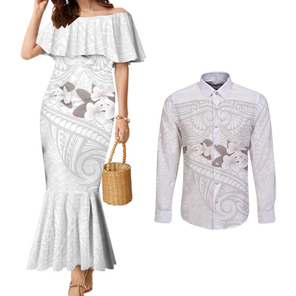 White Polynesia Couples Matching Mermaid Dress and Long Sleeve Button Shirt Tribal Pattern Tropical Frangipani