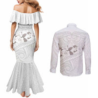 White Polynesia Couples Matching Mermaid Dress and Long Sleeve Button Shirt Tribal Pattern Tropical Frangipani
