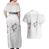 White Polynesia Couples Matching Off Shoulder Maxi Dress and Hawaiian Shirt Tribal Pattern Tropical Frangipani