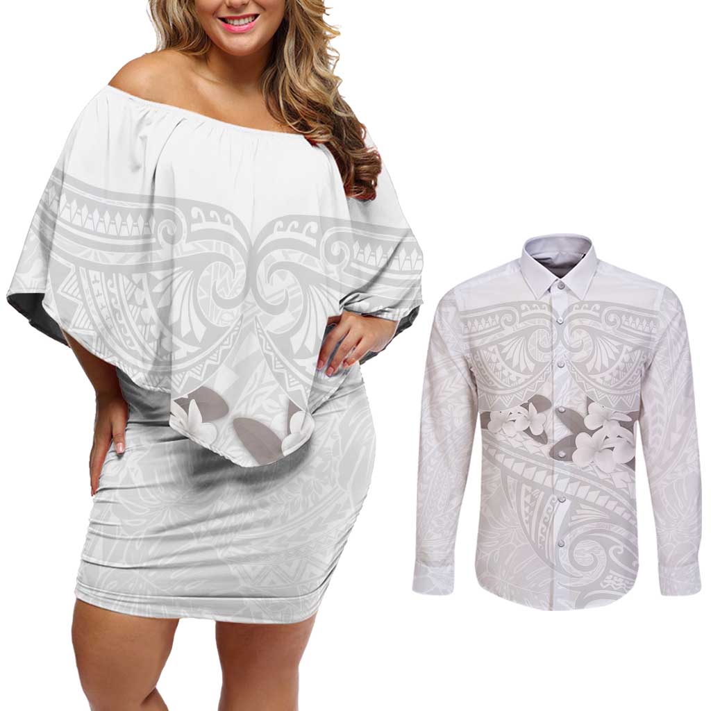 White Polynesia Couples Matching Off Shoulder Short Dress and Long Sleeve Button Shirt Tribal Pattern Tropical Frangipani