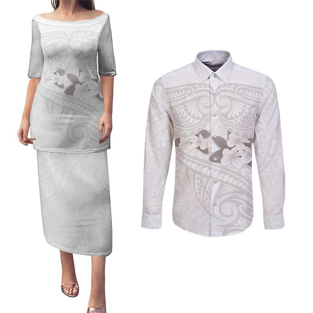 White Polynesia Couples Matching Puletasi and Long Sleeve Button Shirt Tribal Pattern Tropical Frangipani