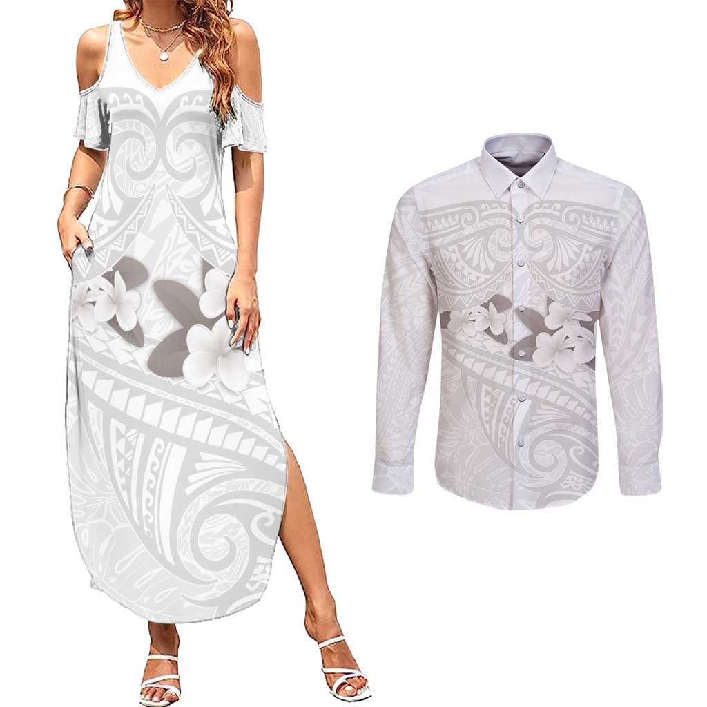 White Polynesia Couples Matching Summer Maxi Dress and Long Sleeve Button Shirt Tribal Pattern Tropical Frangipani