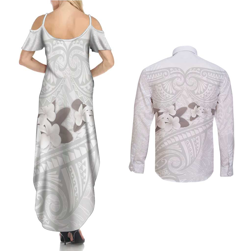 White Polynesia Couples Matching Summer Maxi Dress and Long Sleeve Button Shirt Tribal Pattern Tropical Frangipani