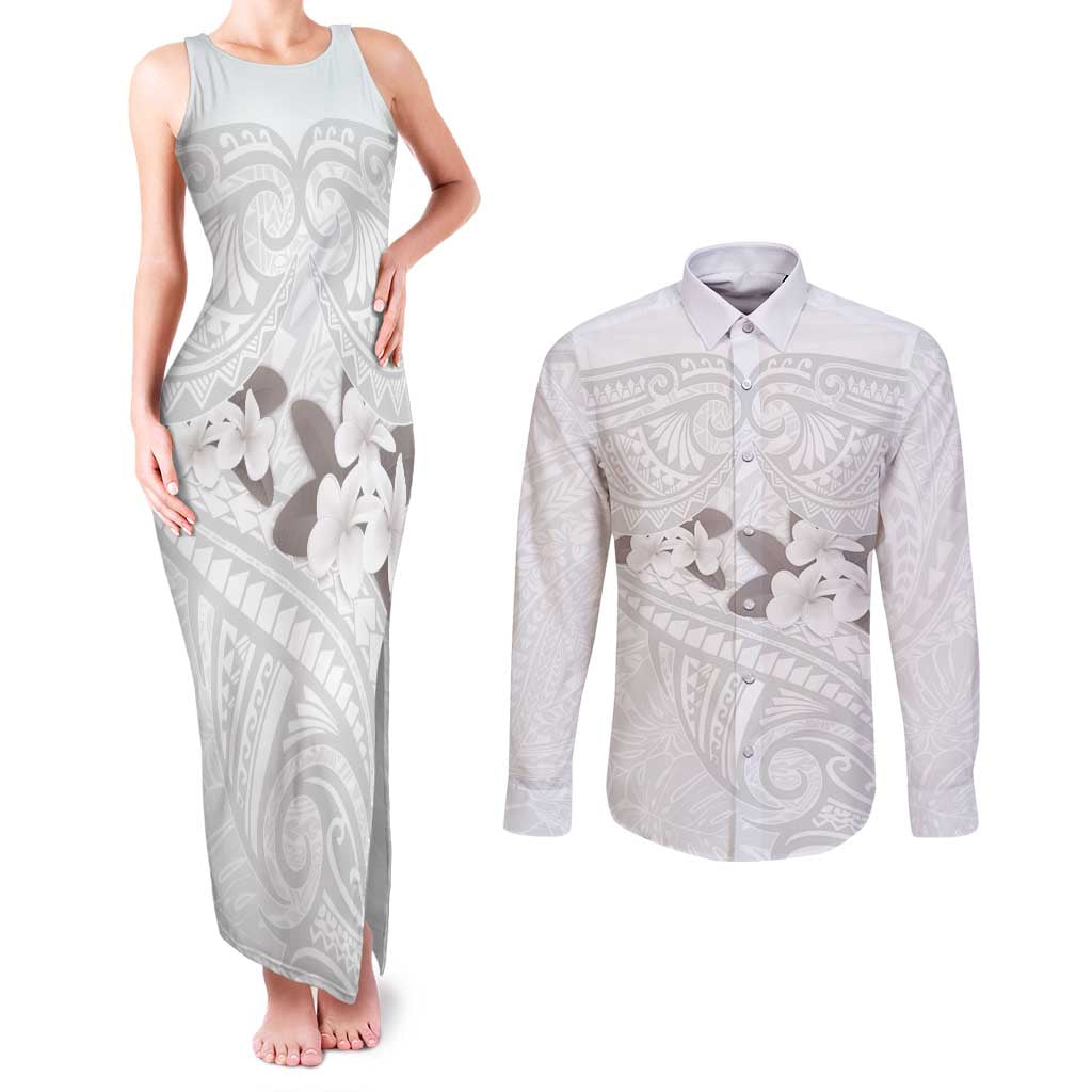 White Polynesia Couples Matching Tank Maxi Dress and Long Sleeve Button Shirt Tribal Pattern Tropical Frangipani